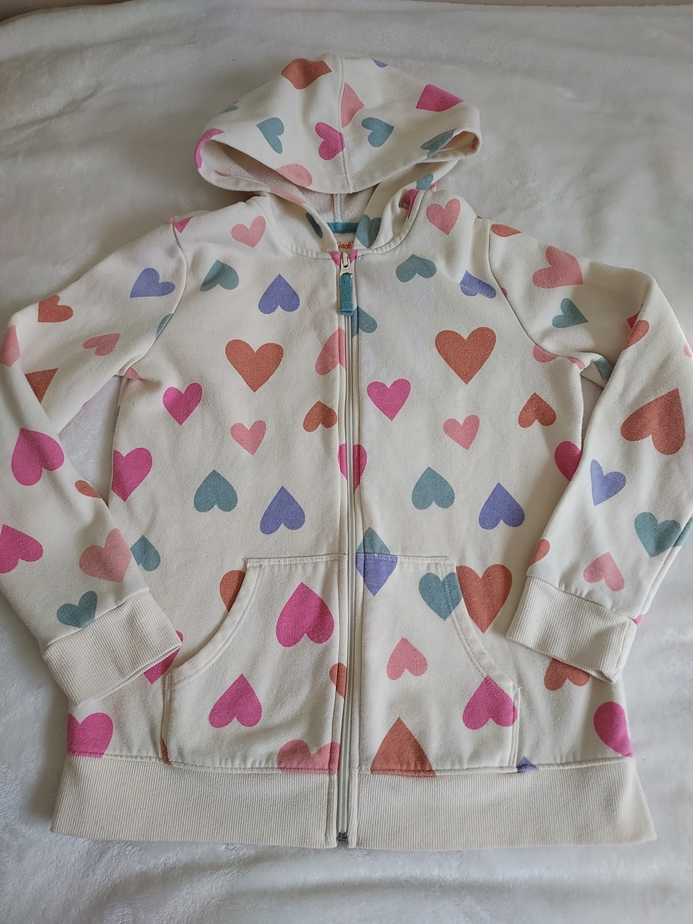 Cat & Jack Cozy Cream Zip Hoodie with Multicolor Heart Print Spring Sz L 10-12